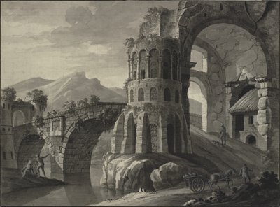 Architectonische fantasie. Ruïne van antieke brug, geflankeerd door middeleeuwse torens door Robert Adam