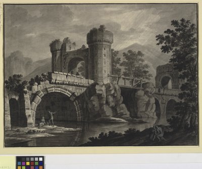 Architectonische fantasie van een verwoeste brug in een landschap door Robert Adam