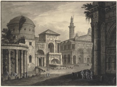 Architectonische fantasie van een oude stad met een plein en veel gebouwen, sommige gedeeltelijk in verval door Robert Adam