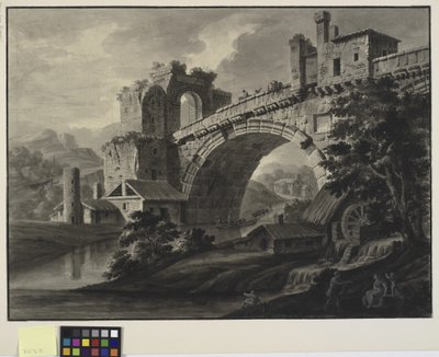 Architectonische fantasie met een antieke brug over een rivier, en een watermolen op de voorgrond door Robert Adam