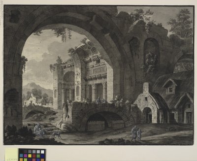 Architectonische fantasie met ruïnes van een antiek bad en huisjes door Robert Adam