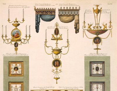 Ontwerpen voor gordijnkronen, girandoles en vouwdeuren (detail) door Robert Adam