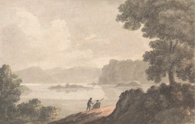 Figuren in een romantisch landschap aan het meer door Robert Adam