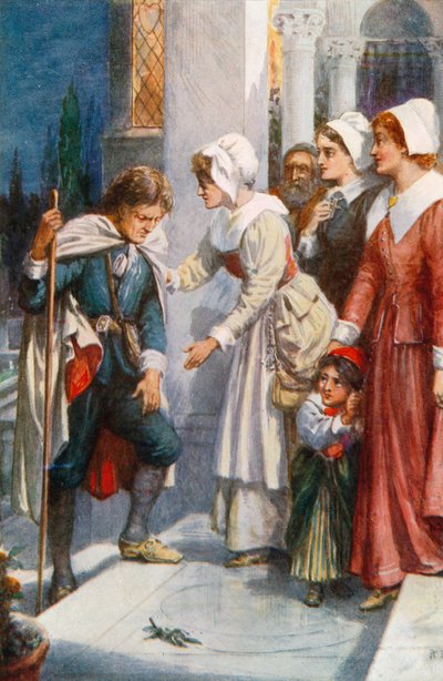 Christian verwelkomd in het Schone Paleis (kleurenlitho) door Robert Ambrose (after) Dudley