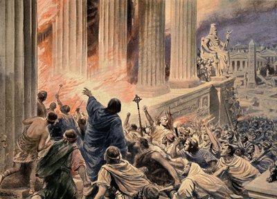 De Verbranding van de Bibliotheek van Alexandrië in 391 na Christus, illustratie uit 