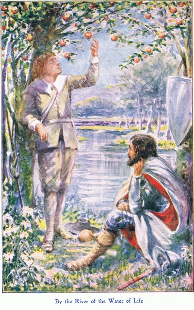 Bij de rivier van het water des levens, uit The Pilgrims Progress gepubliceerd door John F Shaw & Co, ca. 1900 door Robert Ambrose Dudley