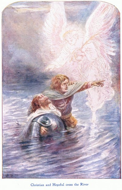 Christen en Hoopvol steken de rivier over, uit De Pelgrimsreis gepubliceerd door John F Shaw & Co door Robert Ambrose Dudley
