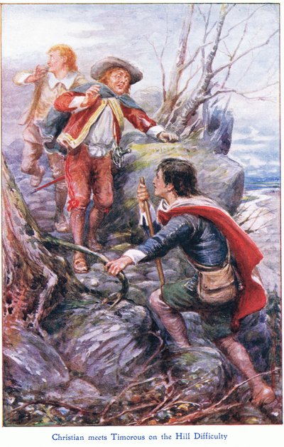Christen ontmoet Timorous op de heuvel van moeilijkheden, uit De Pelgrimsreis, uitgegeven door John F Shaw & Co, ca. 1900 door Robert Ambrose Dudley