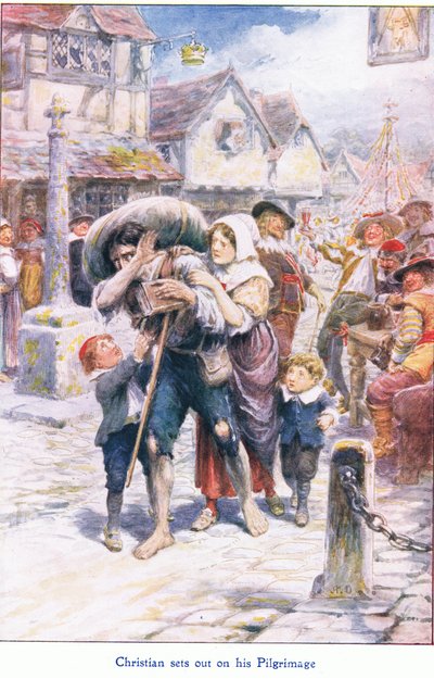 Christian begint aan zijn pelgrimstocht, uit The Pilgrims Progress gepubliceerd door John F Shaw & Co, ca. 1900 door Robert Ambrose Dudley