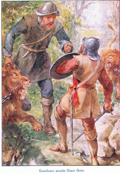 Great Heart valt Giant Grim aan, uit The Pilgrims Progress gepubliceerd door John F Shaw & Co, ca. 1900 door Robert Ambrose Dudley