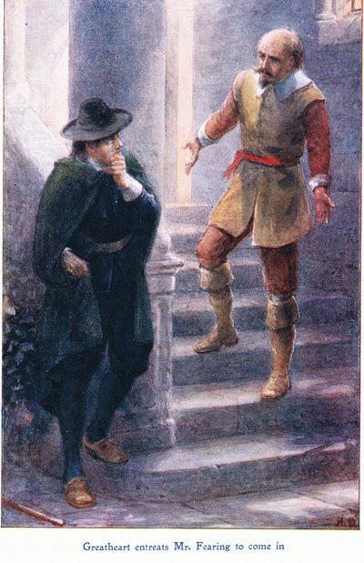 Groot Hart smeekt Mr Fearing om binnen te komen, uit De Pelgrimsreis gepubliceerd door John F Shaw & Co door Robert Ambrose Dudley