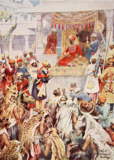 De Khan Jhan toont Akbar zijn prinselijke gevangenen, illustratie uit 