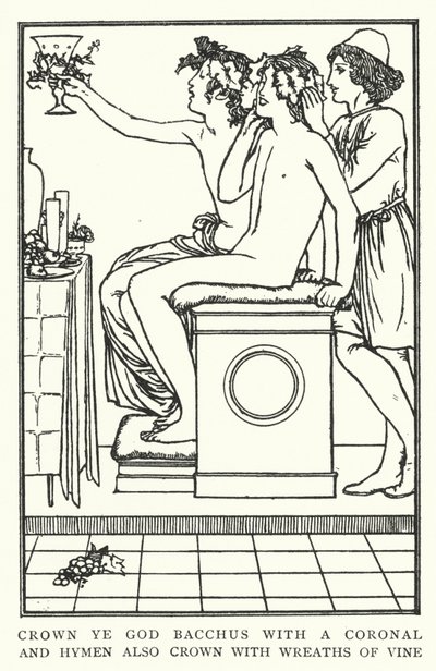 Kroon God Bacchus met een krans, en Hymen ook met wijnranken door Robert Anning Bell