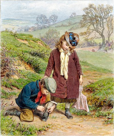 Broer die de schoen van zijn zus strikt, pub. 1854 door Robert Barnes