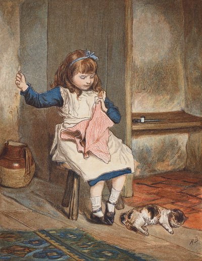 Meisje dat naait met een kat aan haar voeten door Robert Barnes