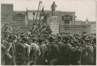 De grote staking van dokwerkers in het oosten: de heer John Burns spreekt de stakers toe bij de poorten van de East en West India Docks door Robert Barnes
