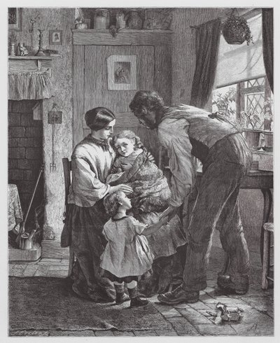 Het zieke kind (gravure) door Robert Barnes