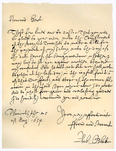 Brief van admiraal Robert Blake aan de commissarissen van de Admiraliteit, 25 augustus 1654 door Robert Blake