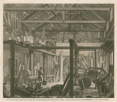 Een interieur van het vergaderhuis van John Bunyan in Zoar Street, Gravel Lane, Southwark, in de huidige staat door Robert Blemell Schnebbelie