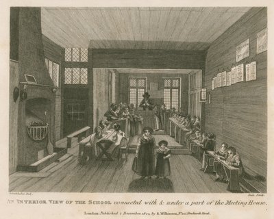 Een interieur van de school verbonden met en onder een deel van wat vroeger John Bunyan