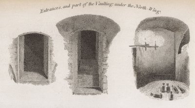 Ingangen en een deel van de gewelven onder de noordvleugel van Crosby Hall door Robert Blemell Schnebbelie