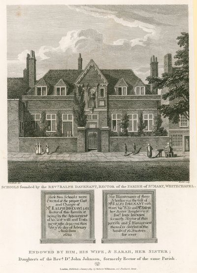 Scholen gesticht door de eerwaarde Ralph Davenant, rector van de parochie van St Mary, Whitechapel door Robert Blemell Schnebbelie