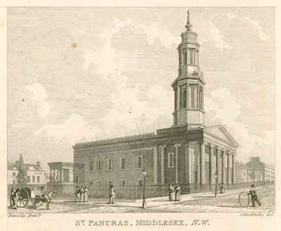 St Pancras Kerk, Londen, Middlesex; noordwest uitzicht door Robert Blemell Schnebbelie