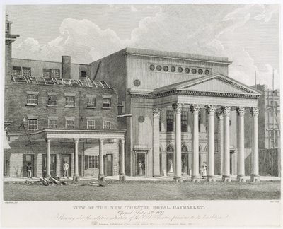 Uitzicht op het nieuwe Theatre Royal, Haymarket, geopend op 4 juli 1821, met ook de relatieve ligging van het oude theater voor de sloop, gegraveerd door Dale door Robert Blemell Schnebbelie
