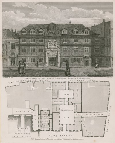 Westelijk uitzicht op Blackwell Hall, King Street, Cheapside door Robert Blemell Schnebbelie