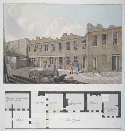 Ludgate Prison met een plan van het London Workhouse, Bishopsgate, eronder, City of London, 1818 door Robert Blemmell Schnebbelie