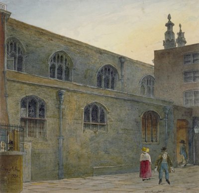 Noordzijde van Guildhall Chapel met de ingang naar Cutthroat Alley, City of London, 1820 door Robert Blemmell Schnebbelie