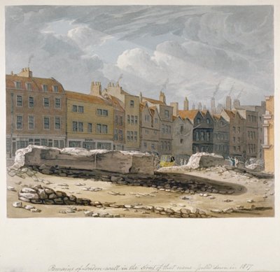 Restanten van de Londense muur die in 1817 werden afgebroken, City of London, 1817 door Robert Blemmell Schnebbelie