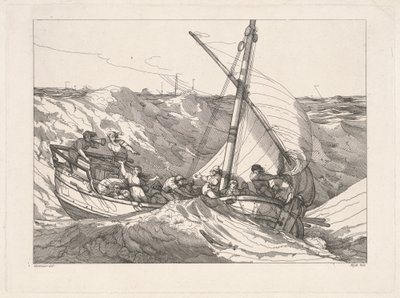 Boot in een storm op zee door Robert Blyth, after John Hamilton Mortimer