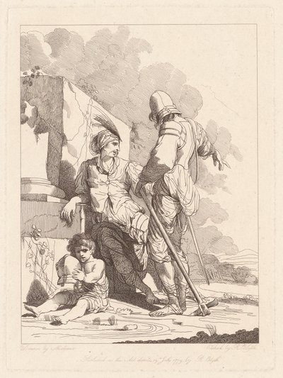 Twee soldaten en kind met een helm door Robert Blyth, after John Hamilton Mortimer