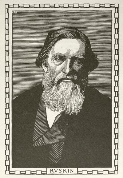 John Ruskin, Engelse schrijver, kunstcriticus, kunstenaar en sociaal denker (houtsnede) door Robert Bryden