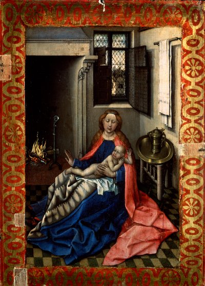 Madonna en kind voor een open haard door Robert Campin