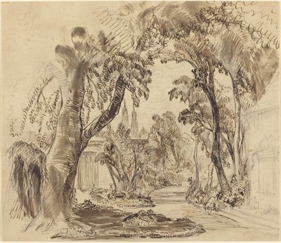 Een Met Bomen Omzoomd Tuinpad (Voorlopige Schets voor "Doornroosje en het Beest"?) door Robert Caney