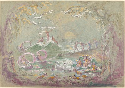 Meerlandschap met feeën en zwanen door Robert Caney