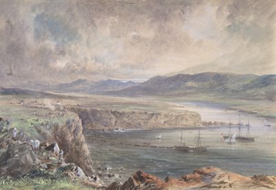 Foilhummerum Bay, Valentia, gezien vanaf Cromwell Fort: De Caroline en boten door Robert Charles Dudley