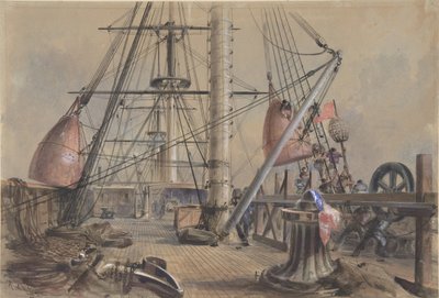 Een van de grote boeien eruit halen: Het dek van de Great Eastern kijkend vanaf... (1865-66) door Robert Charles Dudley