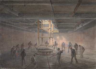 Interieur van een van de tanks aan boord van de Great Eastern: de kabel gaat eruit, 1865-66 door Robert Charles Dudley