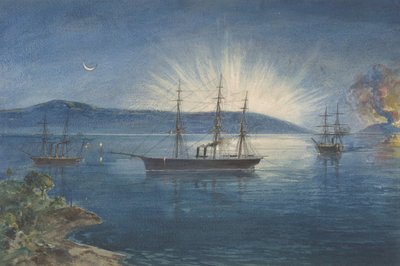 De baai van Bull Arms, Trinity Bay, Newfoundland, vreugdevuren op de heuvels om te waarschuwen door Robert Charles Dudley
