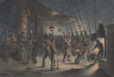 De smederij op het dek, nacht van 9 augustus: het voorbereiden van de ijzeren bekleding voor de kaapstander door Robert Charles Dudley