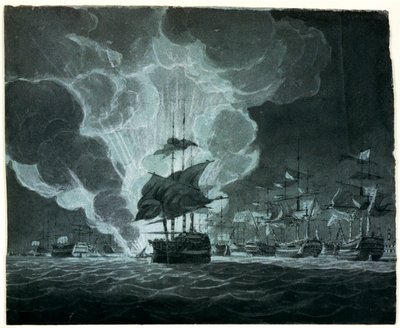 Vloot met een brandend schip door Robert Cleveley
