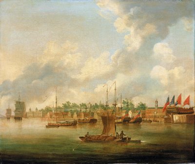 Navigatie in Deptford, op de Theems, tegenover de Royal Quay, met een grote concentratie van particuliere scheepswerven door Robert Cleveley