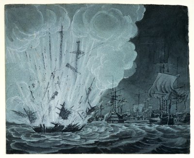 Schip, ontploffend, tijdens de slag bij de Nijl door Robert Cleveley