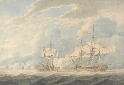 De Nederlandse vice-admiraal onder admiraal De Winter strijkt zijn vlag voor de Engelse vice-admiraal Onslow onder admiraal Duncan bij de Slag bij Camperdown, 11 oktober 1797 door Robert Cleveley