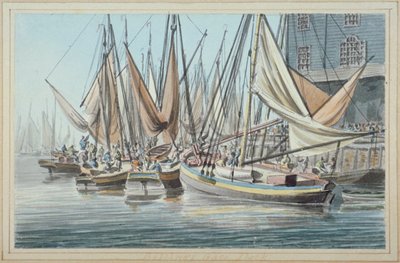 Uitzicht op Billingsgate kade met boten op het water, City of London door Robert Clevely