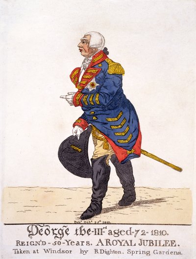 George III van Groot-Brittannië in 1810 op zijn Vijftigjarig Jubileum, prent door R Dighton naar zijn eigen tekening gemaakt in Windsor, uitgegeven 25 oktober 1810 door Robert Dighton