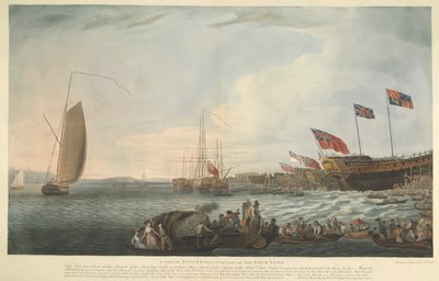 Een uitzicht op Blackwall, met een deel van de scheepswerf, bij de tewaterlating van de Bombay Castle, 74 kanonnen, gebouwd op kosten van de Hon. East India Company en door hen aan Zijne Majesteit gepresenteerd in juni 1782 door Robert Dodd